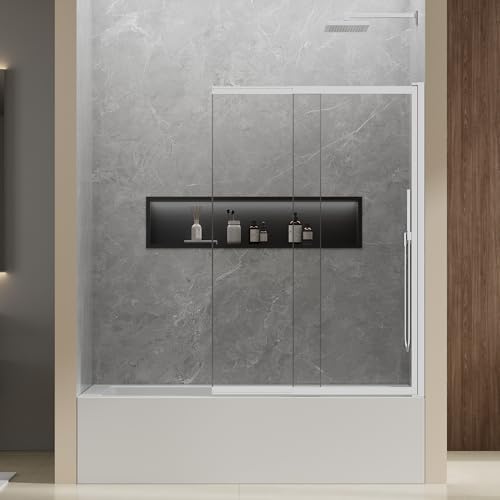 HAUUXUEN Bathtub Shower Door,44&#34; W x 57&#34; H Tub Sliding Doors, 5mm Clear SGCC Tempered Glass with Dual Nano Coating, Easy to Clean, Bright Chrome Finish