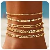 Gokeey Ankle Bracelets for Women, 14k Gold Jewelry Set Waterproof Layered Cuban Figaro Link Chain Anklets Set Gold Anklets Summer Boho Beach Jewelry Gift Adjustable Size