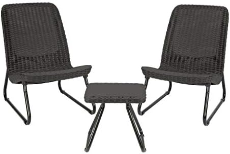 Keter Rio 3 Piece Resin Wicker Patio Furniture Set with Side Table and Outdoor Chairs for Front Porch and Backyard Decor, Dark Grey