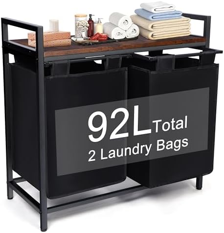 Whitmor Laundry Sorter, 92L Laundry Hamper with Shelf &amp; 2 Removable Bags, 2 x 12.1 Gallons (46L), 28.8 x 13 x 28.4 Inches, Dirty Clothes Hamper Organizer for Laundry Room, Bathroom, Dorm, Black