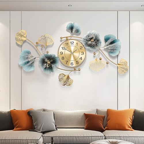 Axioglo Wall Clocks for Living Room Decor,Large Wall Clock,3D Creative Metal Ginkgo Leaf Design,with Silent Movement Wall Clocks for Home Wall Decor Clock（32&#34;x18&#34;）