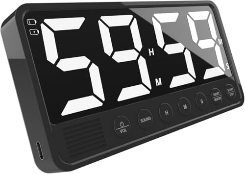 PULIVIA Extra-Large Display Digital Kitchen Timer with 7.4\u201D LED Screen, 6 Alarms &amp; 4 Volume Levels, 3 Memory Presets, Magnetic Stand Rechargeable Count Down\/Up Timer for Cooking Home Gym, Bl