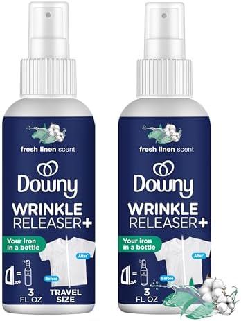 Downy Wrinkle Releaser Spray All In One Wrinkle Release Spray Travel Size, Odor Eliminator, Static Remover Fabric Refresher &amp; Ironing Aid for Clothes 3 Fl Oz (Pack of 2), Crisp Linen Scent