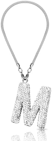 Initial Car Rear View Mirror Ornament Hanging Lucky Crystal Pendant Bling Car Accessories for Women Rhinestone Charm Auto Decoration (White M)
