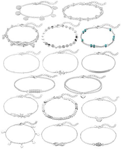 Softones 16 piece women's ankle bracelet with two styles of gold and silver chains, beach anklet bracelet, jewelry anklet set, adjustable size