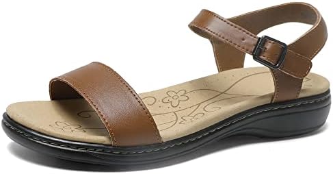 Women&#39;s Classic Flat Sandals Leather Open Toes Memory Foam One Band Ankle Strap Adjustable Slip On Shoes