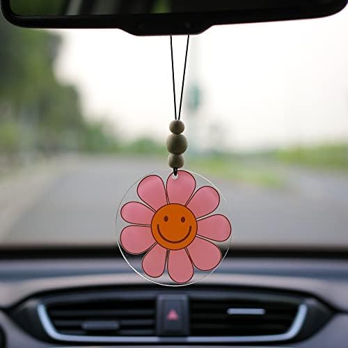 Talataca Pink Daisy 2D Flat Car Ornament &amp; Wood Beads, Happy Smiley Face Beaded Rear View Mirror Accessories, Rearview Hanging Charm, Christmas Tree Decor
