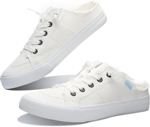 Obtaom Women Canvas Mules Memory Foam Clipper Fashion Sneakers Comfortable Slip-On Mule Backless Holiday Shoes