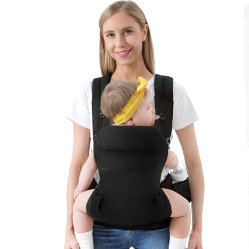 HKAI Baby Carrier for Newborn to Toddler - Multifunctional Pocket, Ergonomic Design, Comfortable Parenting and Lumbar Support for All-Position Infant Carrier (7-45lbs), Black