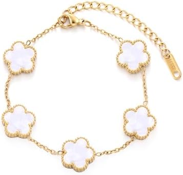 TICVSS Four Leaf Clover Bracelet for Women 18K Gold Plated Stainless Steel Lucky 4 Leaf Gold Link Bracelet Jewelry Gift for Women