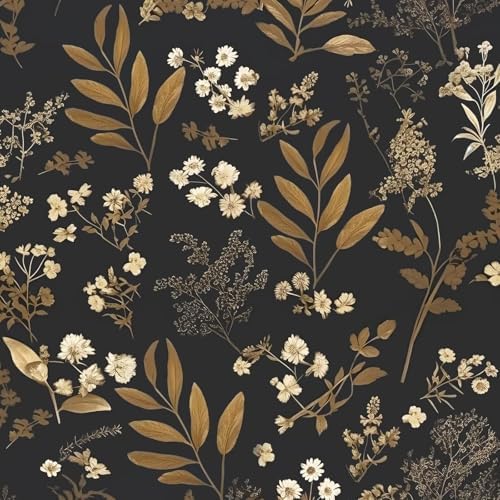 Laatse Goth Wallpaper Peel and Stick Dark Floral Wallpaper 17.5&#39;&#39; x 393&#39;&#39; Gold Leaf Contact Paper Vinyl Waterproof Self Adhesive Boho Botanical Wall Paper for Bedroom Cabinet Décor