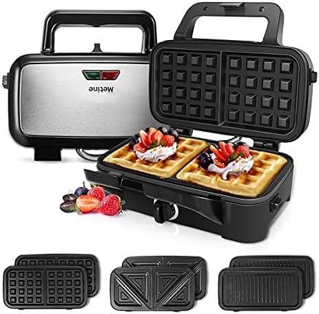 Metine Waffle Makers, 3-in-1 Waffle Iron Panini Press Sandwich Maker with Removable Plates, 5-gears Temperature Control Non Stick Coating Cool Touch Handle Anti-skid Feet for Breakfast 1200W 120V