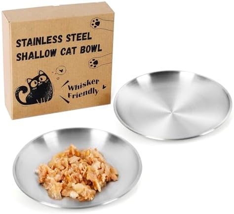 2-Pack Stainless Steel Cat Food Bowls \u2013 Shallow Whisker-Friendly Non-Slip Silicone Base,Easy to Clean Indoor Feeding Dishes(13 OZ,6.7&#34;)