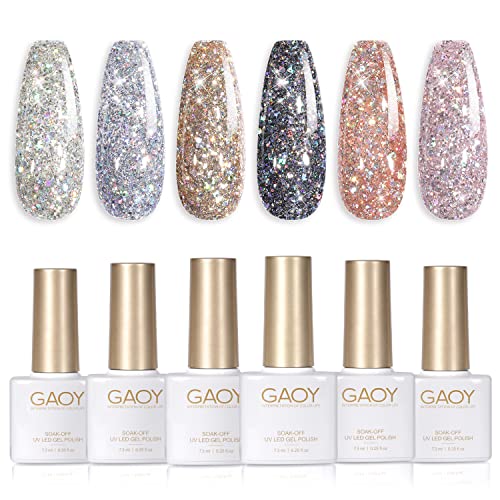 GAOY Chrome Platinum Glitter Nail Polish Set, 6 Colors Including Sparkly Shiny UV LED Soak Off Black Silver Pink Gel Polish Kit Home DIY Manicure Nail Salon Varnish