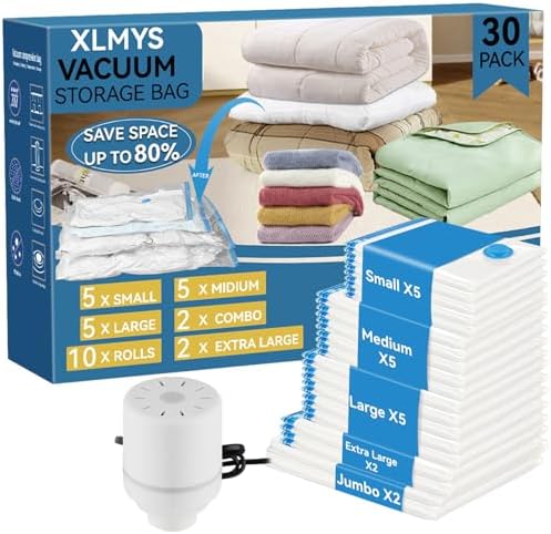 Vacuum Seal Bags for Clothing with Electric Pump, 30 Pack(2 Jumbo\/2 XLarge\/5 Large\/5 Medium\/5 Small+10 Roll Up) Vacuum Storage Bags, 80% Space Saver Vacuum Seal Bag for Clothes, Luggage, Bedding