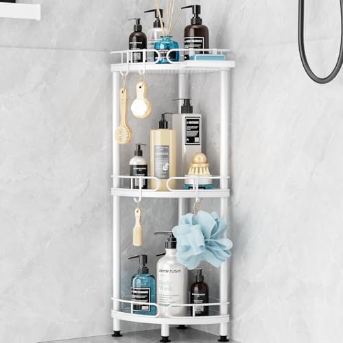 SWTYMIKI Corner Shower Caddy Standing - 3 Tier Stainless Steel Shower Organizer Stand with 4 Hooks &amp; Soap Holder, Rustproof Metal Standing Tall Floor Shower Shelf and Bathroom Organizer, White