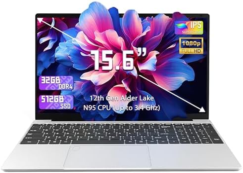 OMSERVB 15.6&#34; Silver Laptop,12th Gen N95-Beat N5095 (Up to 3.4Ghz), DDR4 32G RAM, 512GB NVME SSD,Win 11 Pro&amp;Office 2019,Fingerprint Lock,Portable Notebook PC with Backlit KB (32+512G)