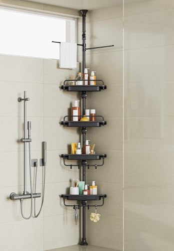 XLHOMO 32-122inch Corner Shower Caddy Tension Pole Black, Rustproof Drill-Free Shower Shelves for Bathroom Bathtub Washbasin, Adjustable Shower Organizer with 4 Tier Patent Stable Shelves &amp; Towel 