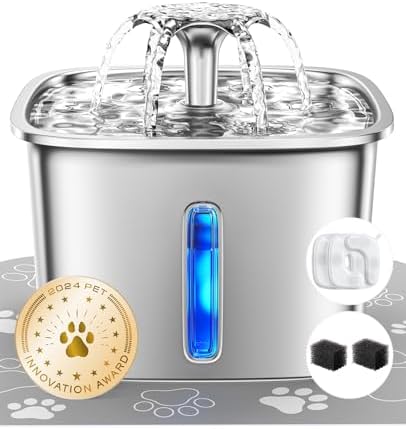 Veken Innovation Award Winner Stainless Steel Cat Water Fountain, 95oz\/2.8L Automatic Pet Fountain Dog Water Dispenser with Replacement Filters &amp; Silicone Mat for Cats, Dogs, Multiple Pets (Silve