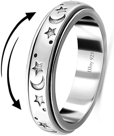 925 Sterling Silver Anxiety Ring for Women, Moon Star Fidget Spinner Ring, Platinum Plated Stress Relief Wedding Band