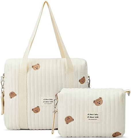 Paterr 2 Pcs Diaper Bag Tote for Women Multifunction Multisize Maternity Bag Quilted Cotton Cute Diaper Bag